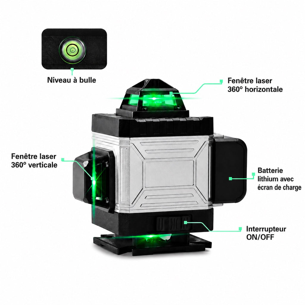 Détails du Kovarek K16 Pro : fenêtres laser 360°, niveau à bulle, batterie, interrupteur