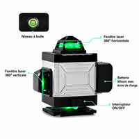 Détails du Kovarek K16 Pro : fenêtres laser 360°, niveau à bulle, batterie, interrupteur