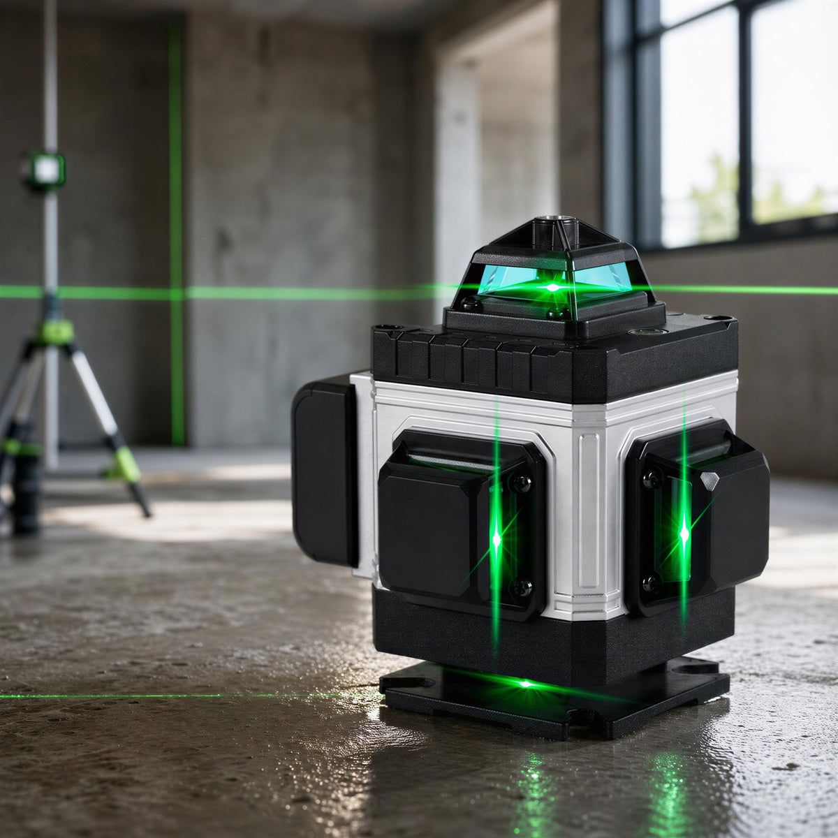 Niveau laser Kovarek K16 Pro projetant des lignes vertes sur un sol de chantier