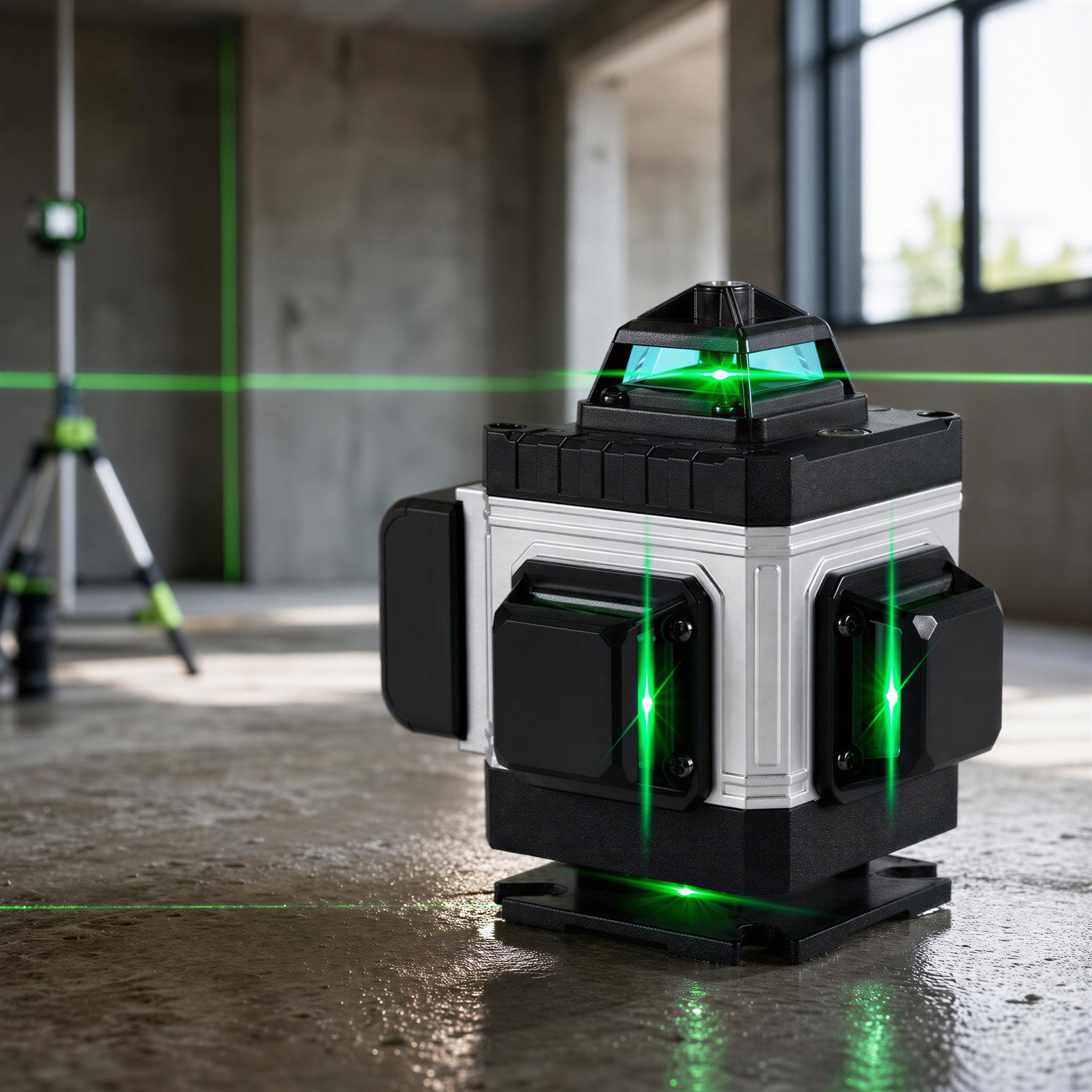 Niveau laser Kovarek K16 Pro projetant des lignes vertes sur un sol de chantier