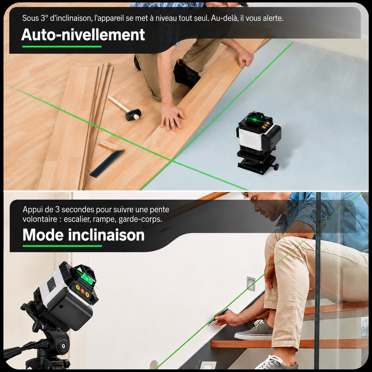 Le Kovarek K16 Pro en mode auto-nivellement pour la pose de parquet et en mode inclinaison sur un escalier Image