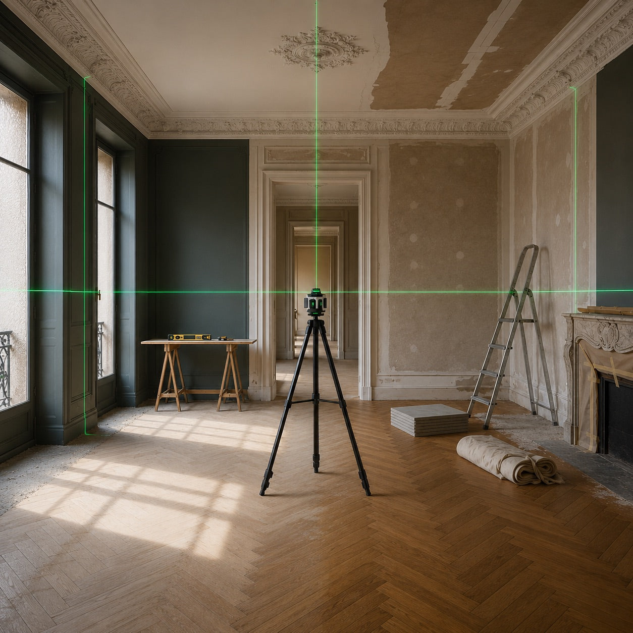 Niveau laser Kovarek K16 Pro sur trépied dans une pièce en rénovation, lignes vertes